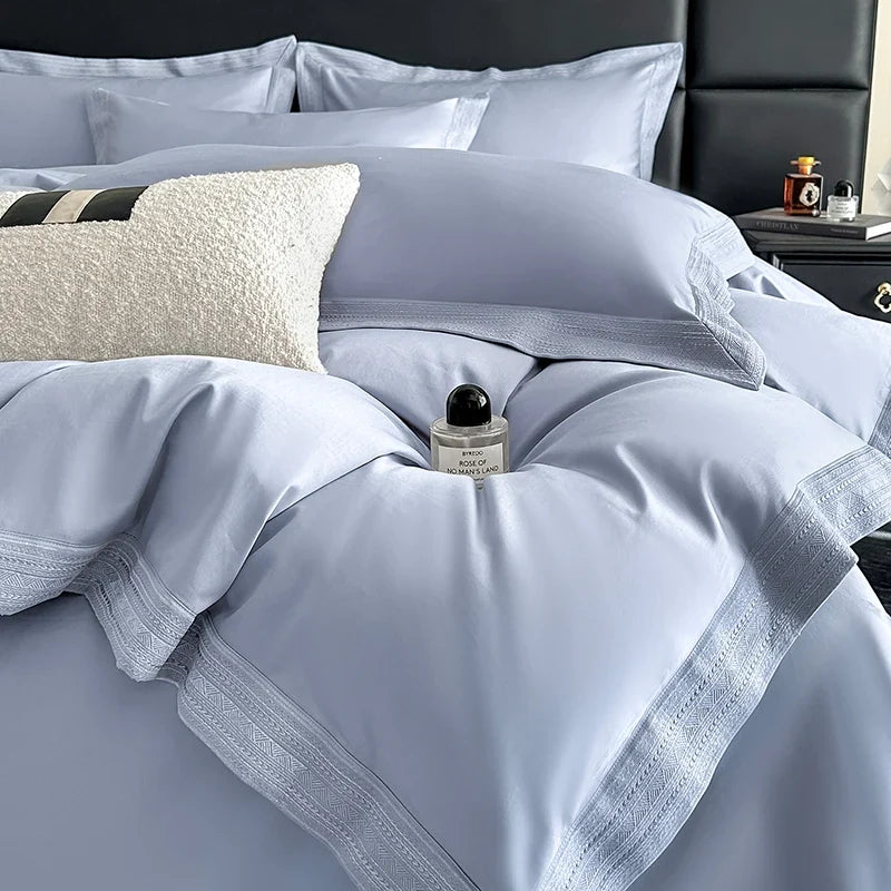 600TC Egyptian Cotton Embroidery Wide Edge Luxury Solid Color Bedding Set