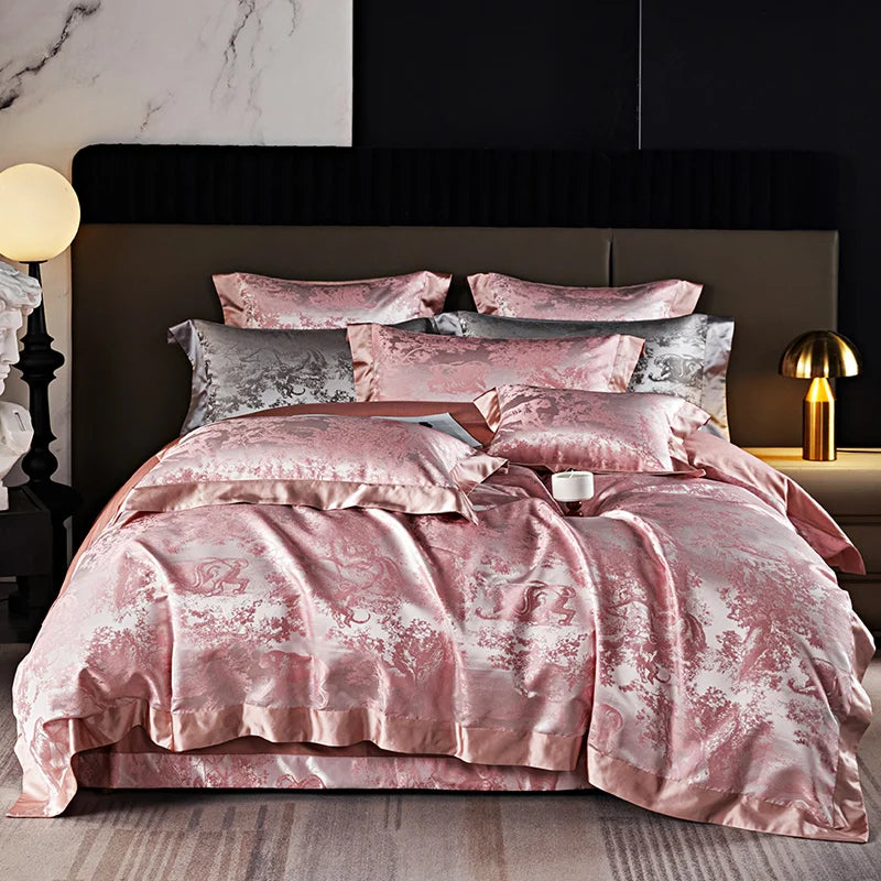 4/6Pcs Luxury Beige Gold Brocade Jacquard Egyptian Cotton Patchwork Bedding Set