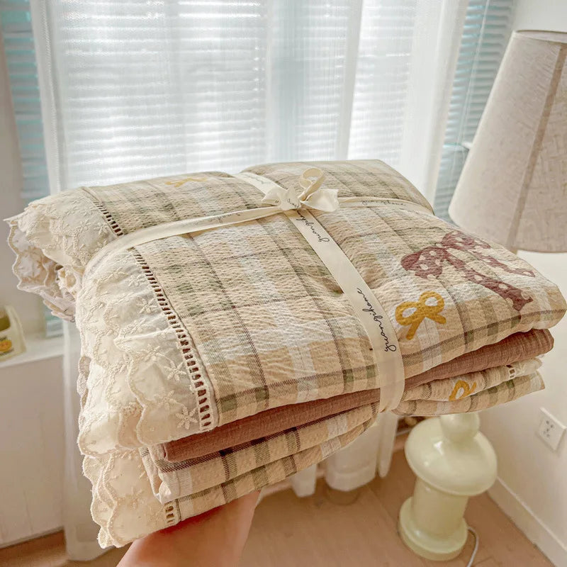 4pcs Floral Printed Duvet Cover Set Korean Lace Bedding Set