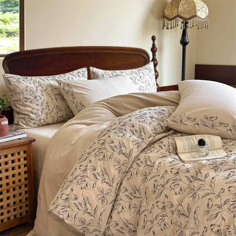 Bohemian Cotton Linen Bedding Set, Ethnic Floral Embroidery, Vintage Farmhouse Duvet Cover Flat/Fitted Bed Sheet Pillowcase 4Pcs