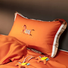 1000TC Satin Egyptian Cotton Bedding Set, Horse Embroidery, Queen, King, Duvet Cover Set, Flat/Fitted Bed Sheet, Pillowcases