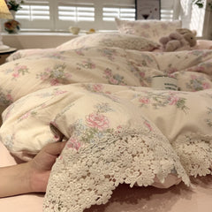 3/4Pcs Korean Princess Flower Print Lace Bedding Set