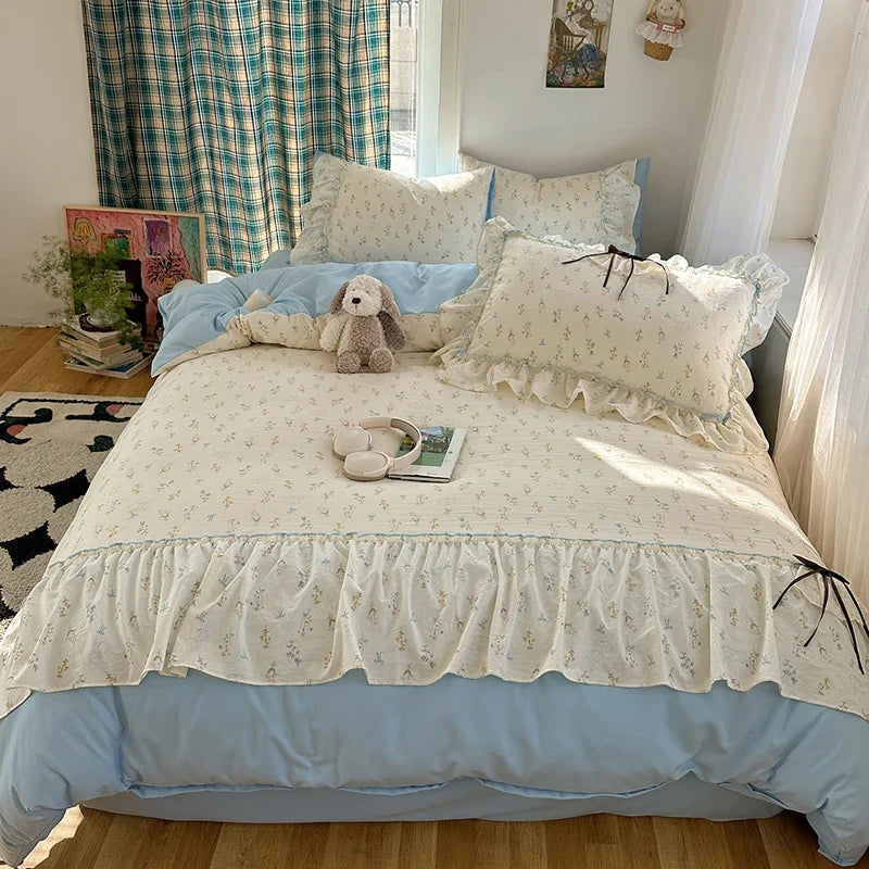3/4Pcs Korean Princess Style Bow Ruffles Bedding Set