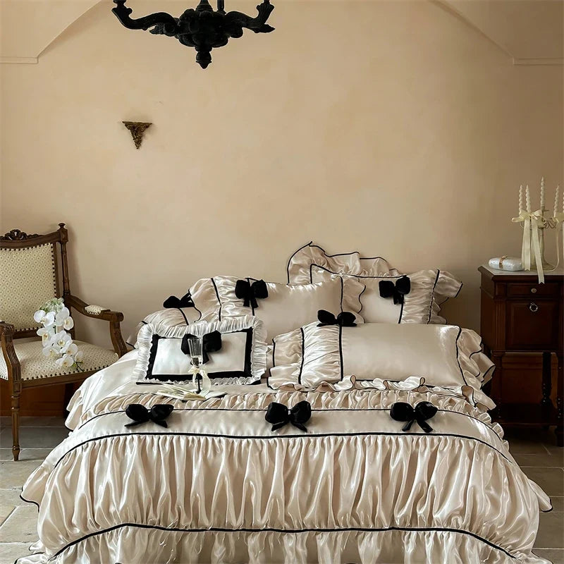 Vintage French Ruffled Ruffles Bow Bedding Set