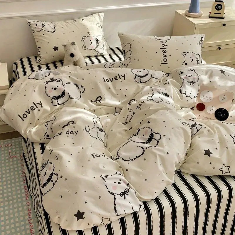 White Black Duvet Cover Set in Single Queen Size Flat Sheet Pillowcase Home Hotel Decor Girls Boys Spring Fall Bedding Set