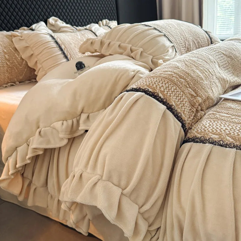 French Princess Style Velvet Duvet Cover Set Thick Coral Velvet Double-sided Plush Bedding Set