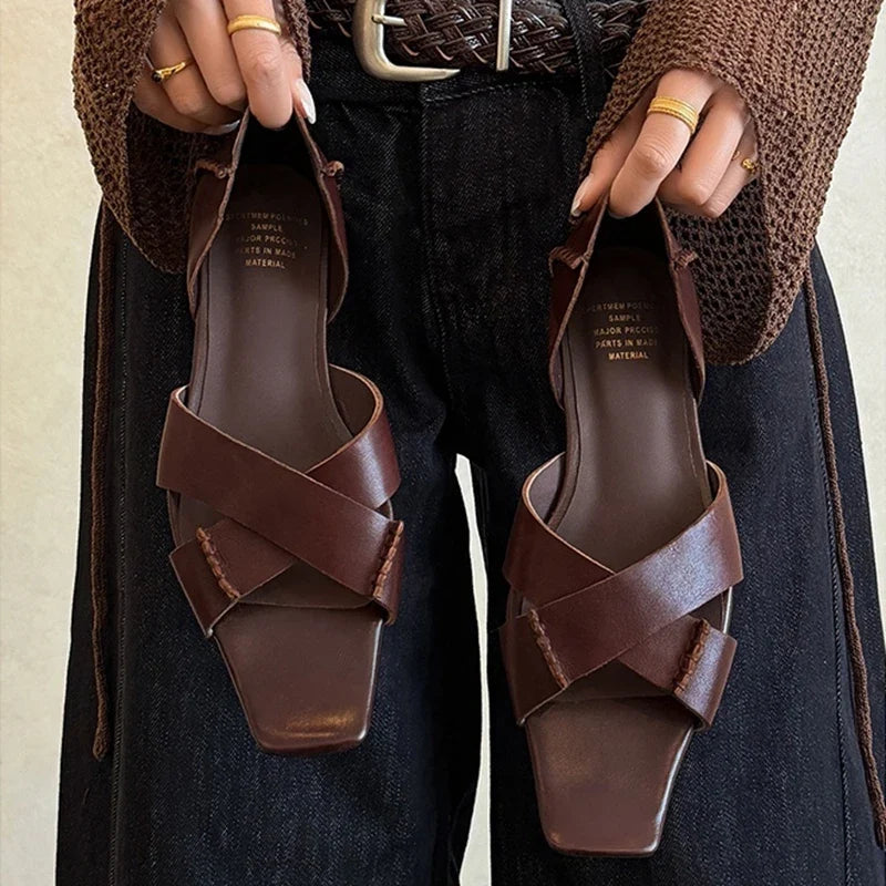 leather cowhide square toe low Heel