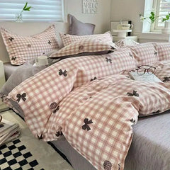 Pink Duvet Cover Set Classic Plaid Twin Queen Size Girls Boys Flat Sheet Pillowcase No Filler Soft Home Decor Bedding Set