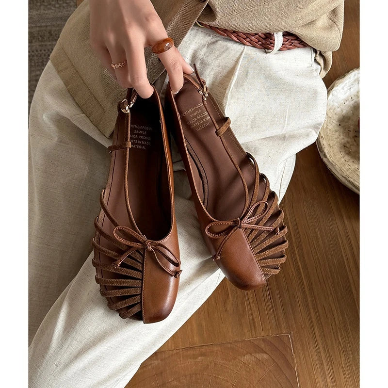 leather cowhide color blocked elastic buckle bow low Heel