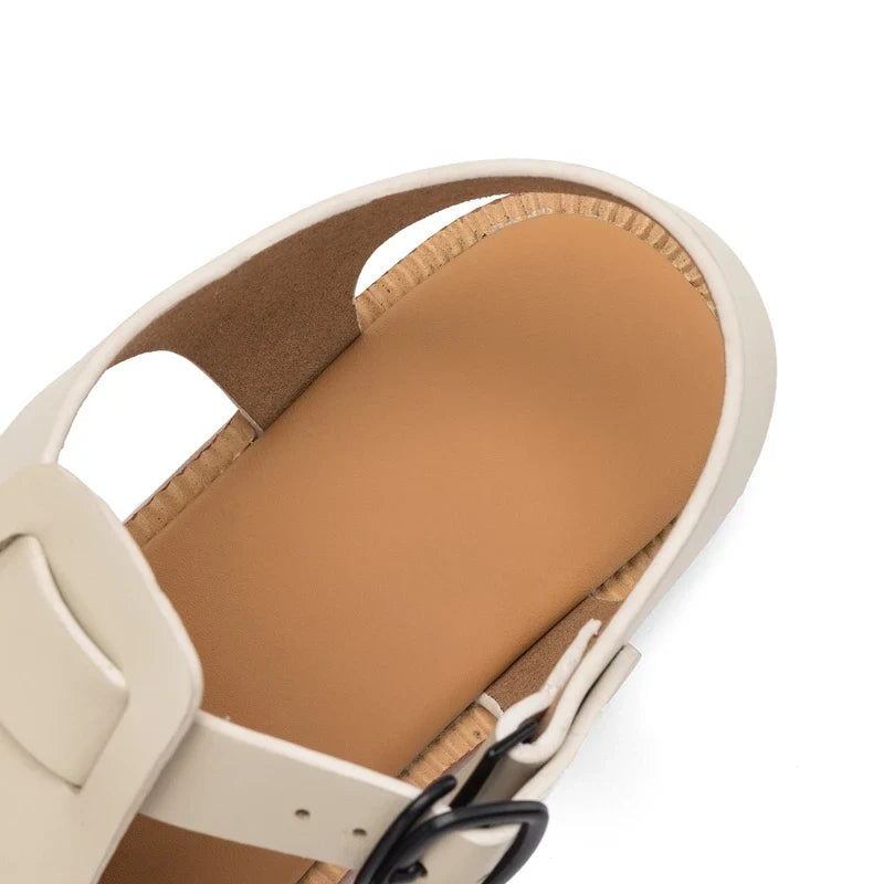 leather cowhide round toe low Heel