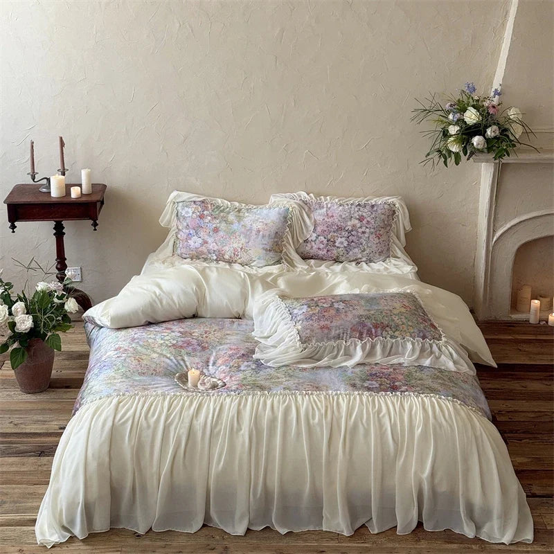 Flowers Print Chiffon Lace Ruffles Princess Bedding Set