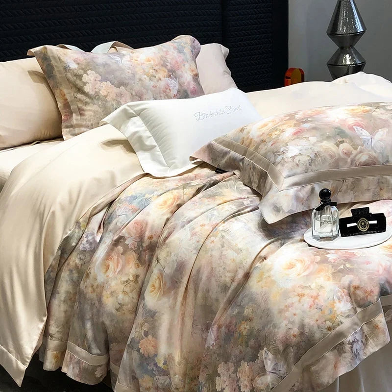Flowers Digital Printing Wide Edge 1000TC Lyocell Cotton Soft Silky Bedding Set