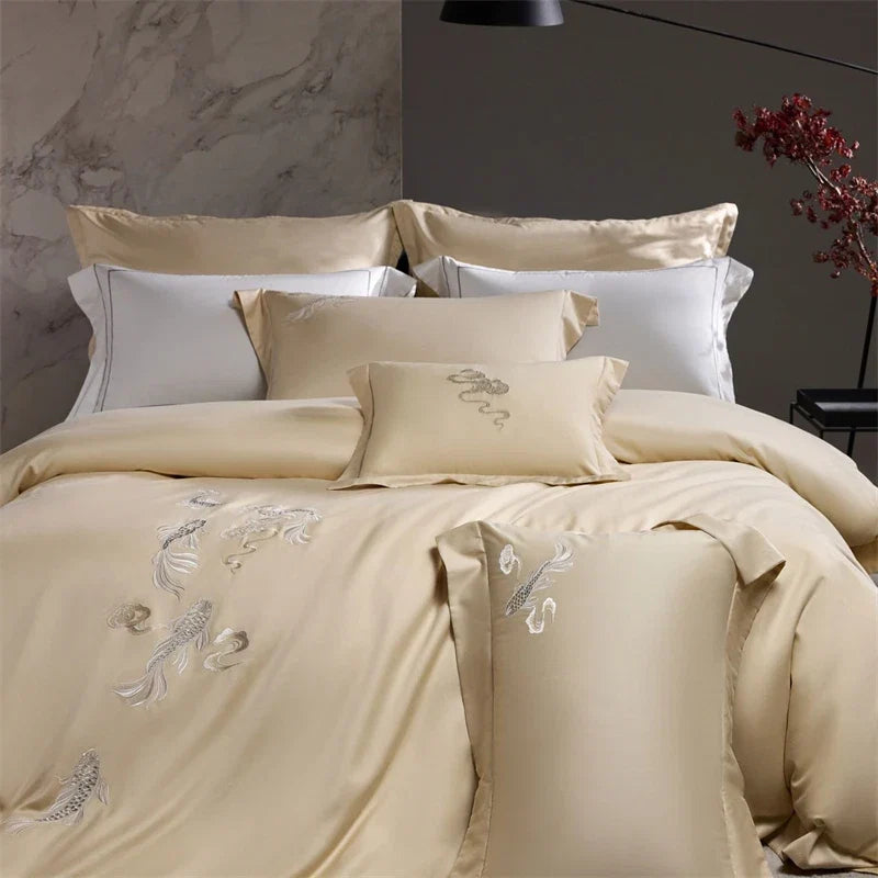 Chinese Style Koi Embroidery 1000TC Lyocell Cotton Brushed Bedding Set