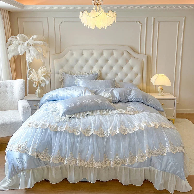 4/6Pcs Pink Butterfly Jacquard Three-layer Lace Ruffles Princess Wedding Bedding Set
