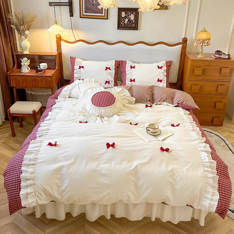 100% Cotton Korean Princess Style Bow Plaid Lace Ruffles Patchwork Bedding Set