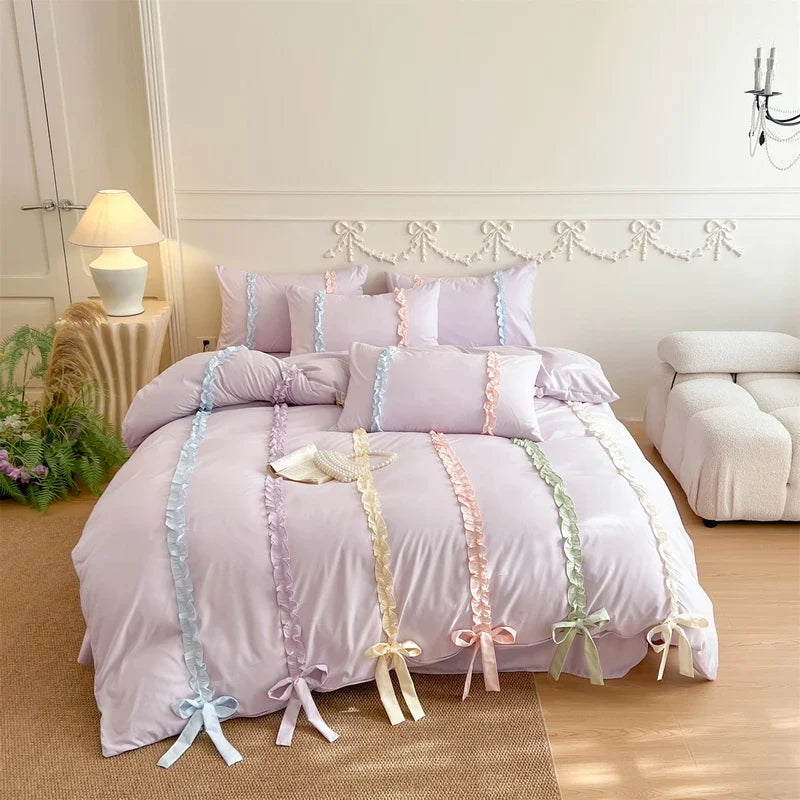 3/4Pcs Pink Ins-Style Princess Colorful Bow Bedding Set