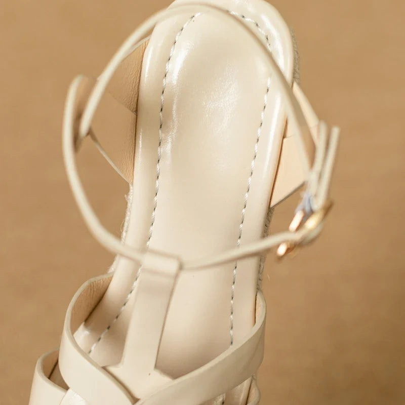 Square Headed Open Toe Real Leather Weaving Slope Heel