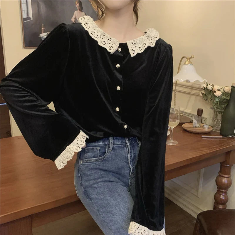 Sivelle Dark Academia Velvet Shirt with Lace Collar