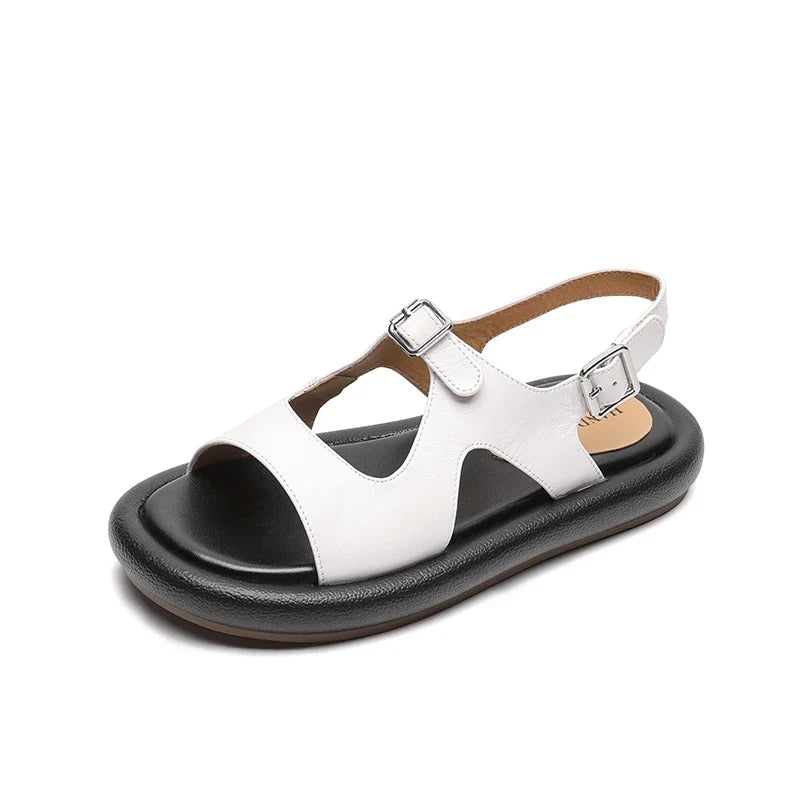 Leather Cowhide Retro Thick-Soled Elastic Buckle Middle Heel