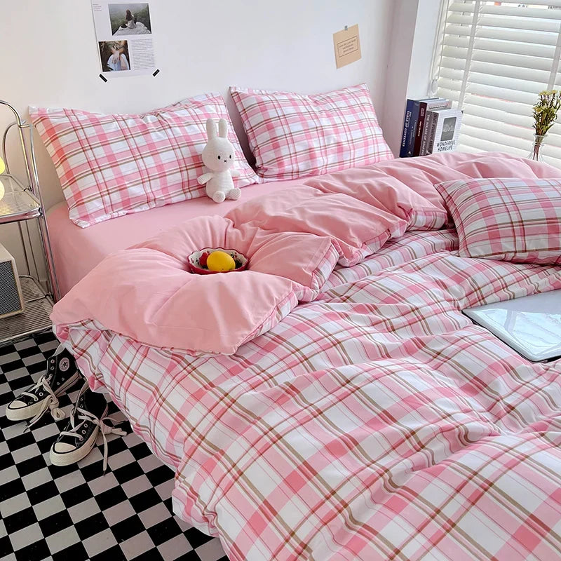 Brushed Japanese Muji-Style Plaid Striped Duvet Cover and 2 Pillowcases minimal queen twin size quilt cover 3pcs bedding sets