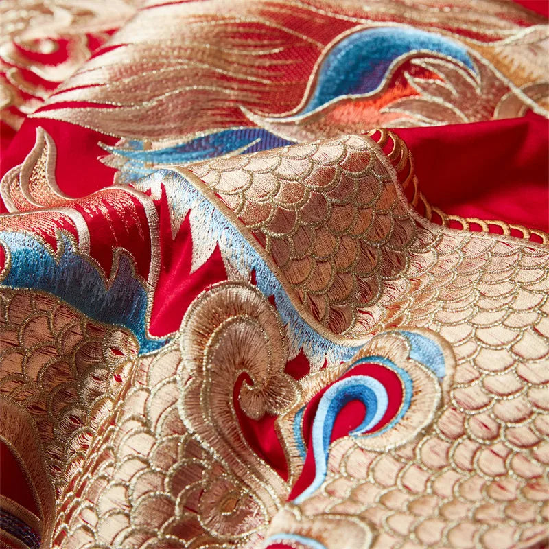 4/6/9Pcs Red Luxury Chinese Wedding Style Dragon Phoenix Embroidery Bedding Set