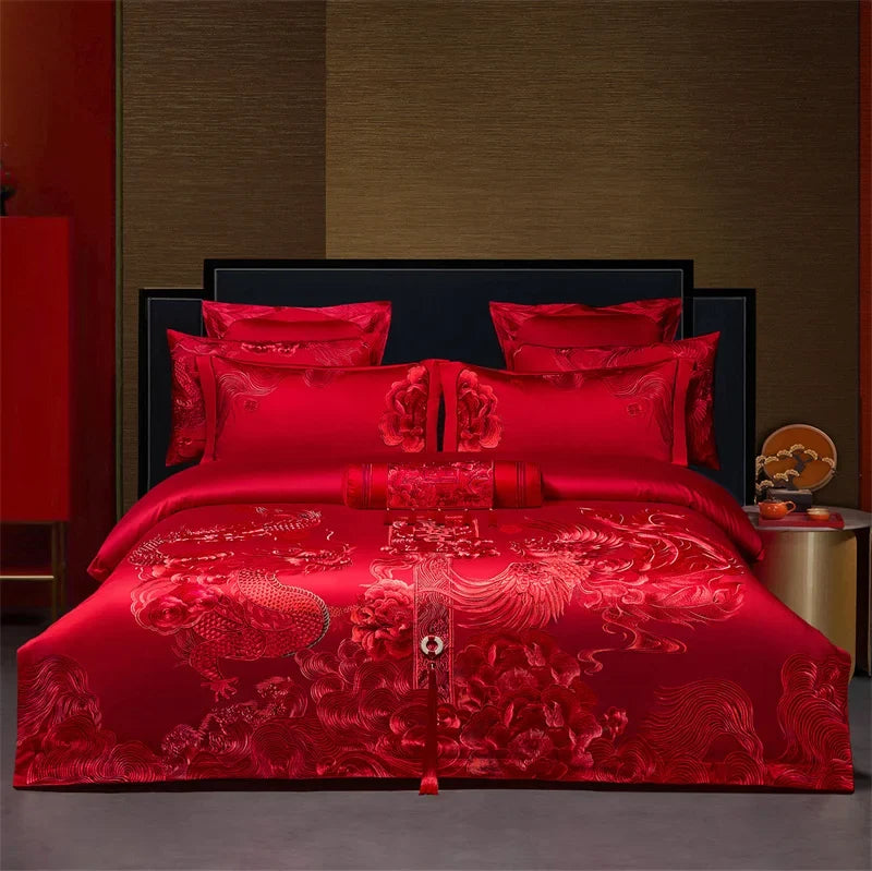 Luxury Chinese Style Wedding Flower Dragon Phoenix Embroidery Bedding Set