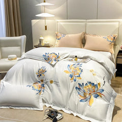 Luxury 1000TC Egyptian Cotton 4Pcs Bedding Set, Flower Embroidery Soft Hotel Grade Duvet Cover & Sheet Set With Pillowcases