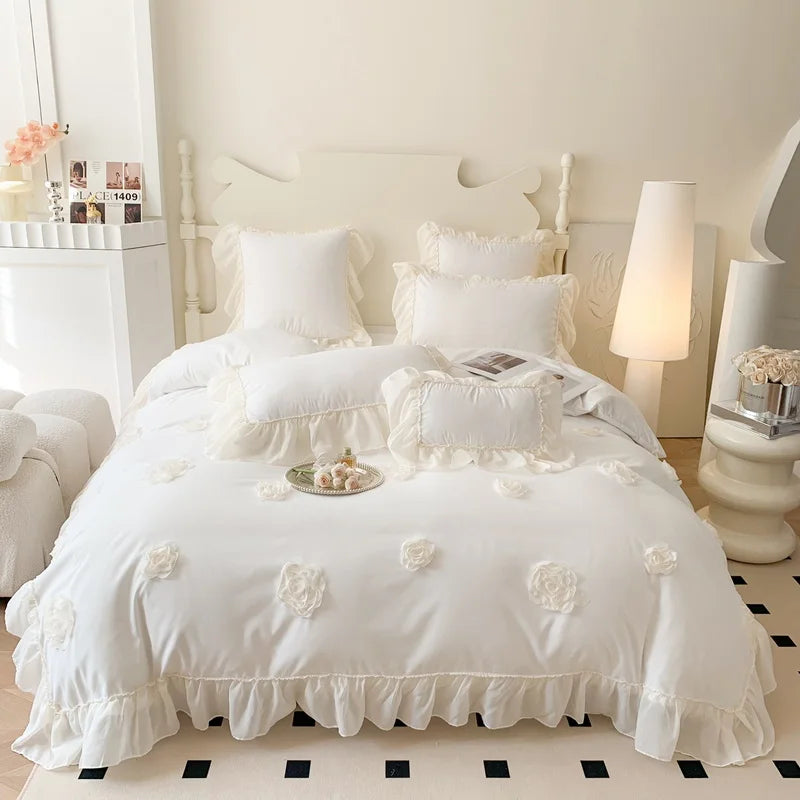 4Pcs French Princess Style Three-Dimensional Rose Flowers White Ruffle 2-Person Cotton Bed Linen Four-Season Pink Bedding Set