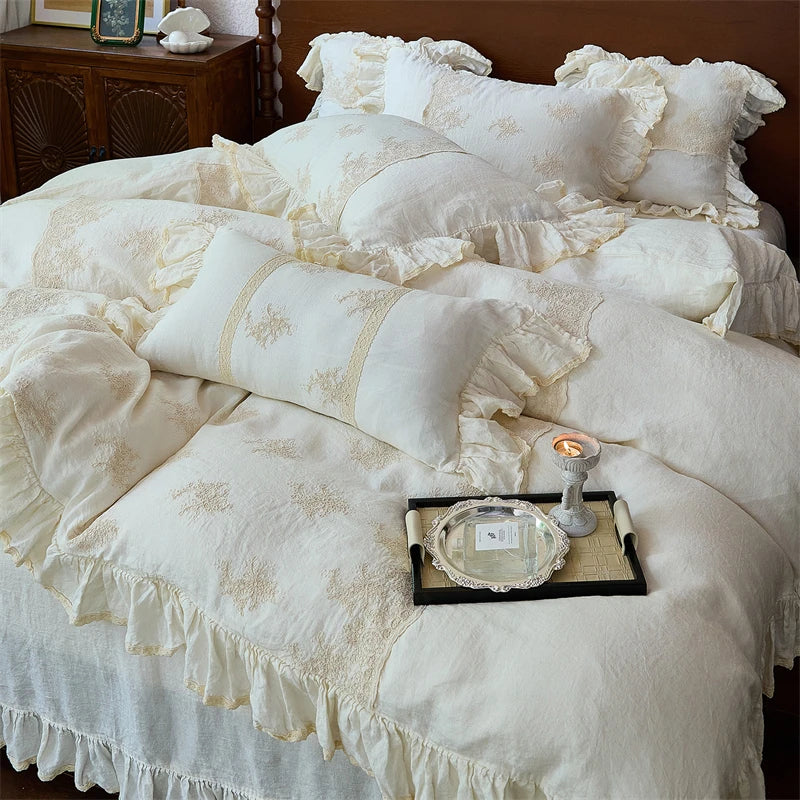 100% Pure Linen Vintage French Lace Ruffles Luxury Bedding Set