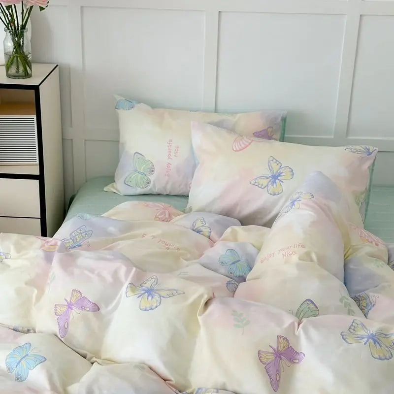 Butterfly Ins Duvet Cover Set No Filler Pillowcase Flat Sheet Korean Style Single Queen Size Girls Boys Home Hotel Bedding Set