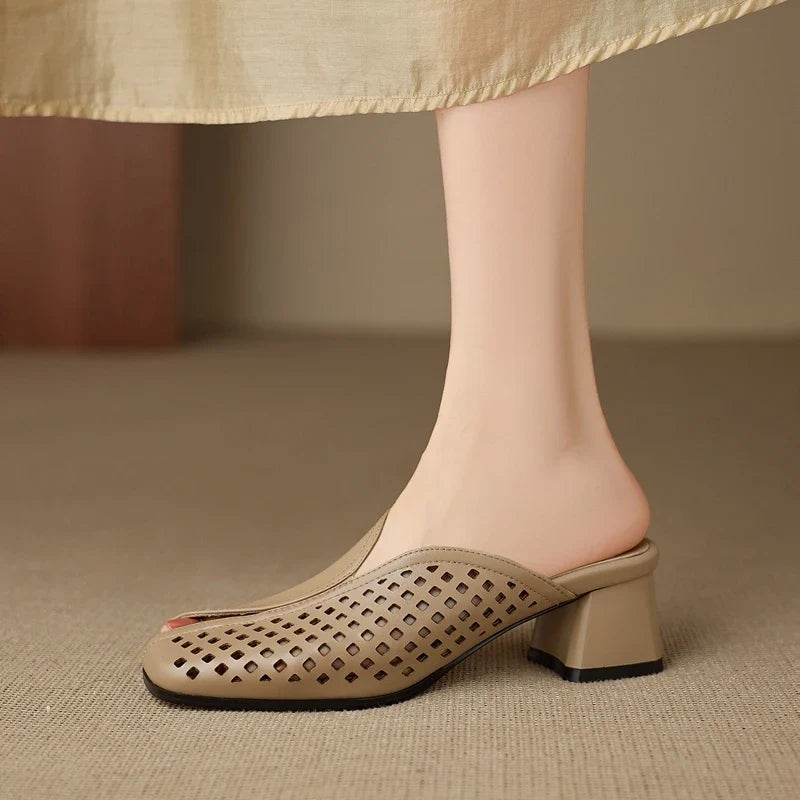 cowhide round head hollow breathable mid Heel
