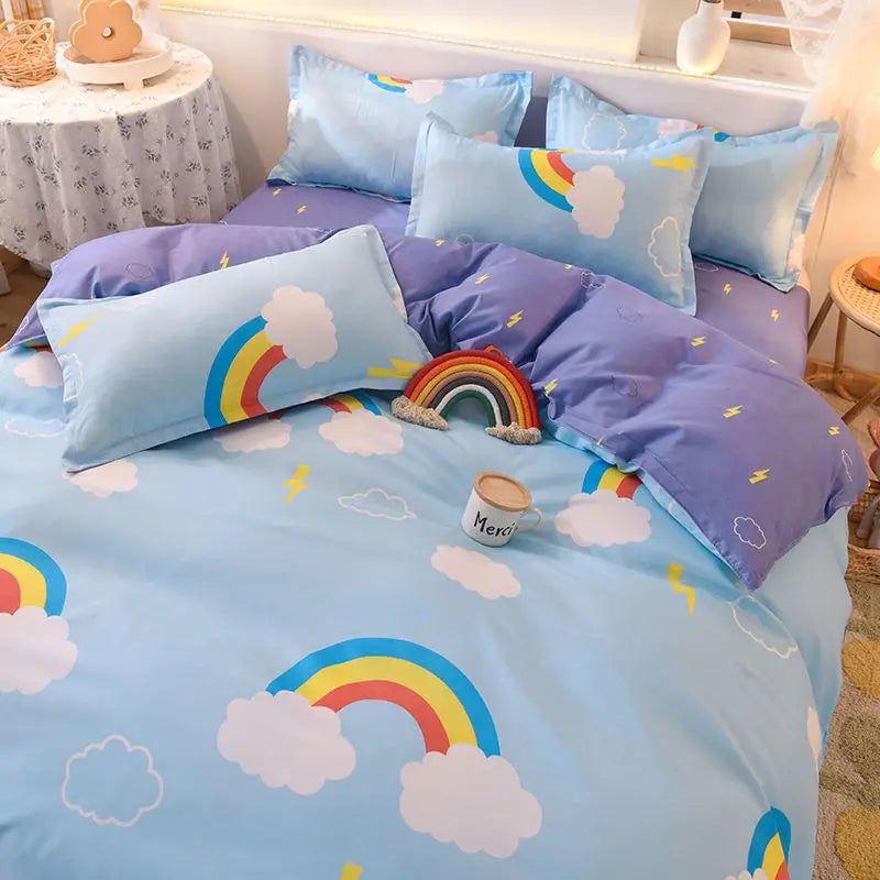 Ins Orange Checkerboard Duvet Cover Flat Sheet Pillowcases Twin Full Double Size Pink Blue Bedding Set