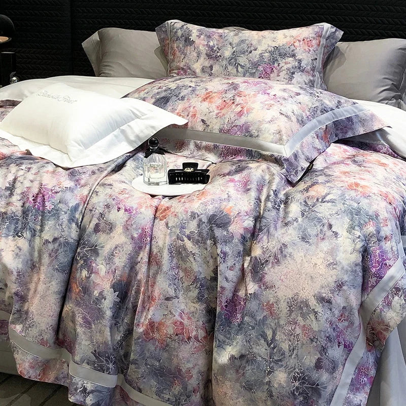 Flowers Digital Printing Wide Edge 1000TC Lyocell Cotton Soft Silky Bedding Set