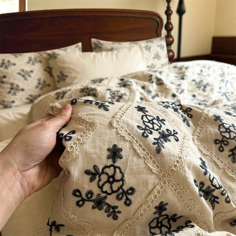 Bohemian Cotton Linen Bedding Set, Ethnic Floral Embroidery, Vintage Farmhouse Duvet Cover Flat/Fitted Bed Sheet Pillowcase 4Pcs