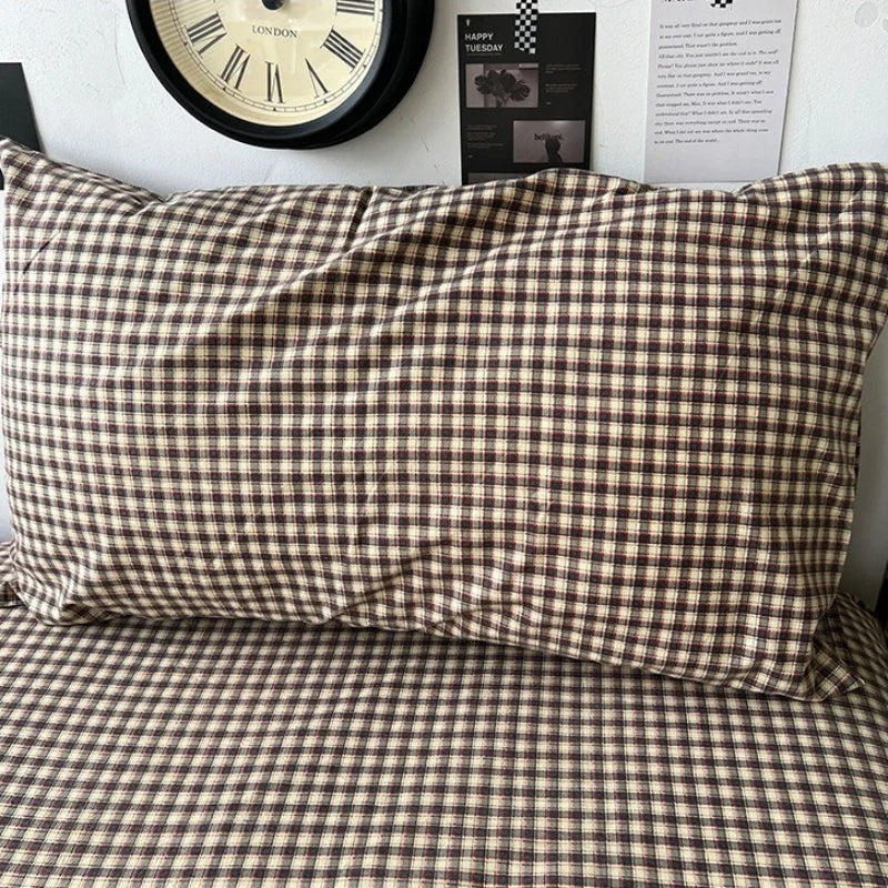 Vintage Plaid Cotton Duvet Cover Set Twin Full Queen Size Soft Bed Flat Sheet Bedding Set