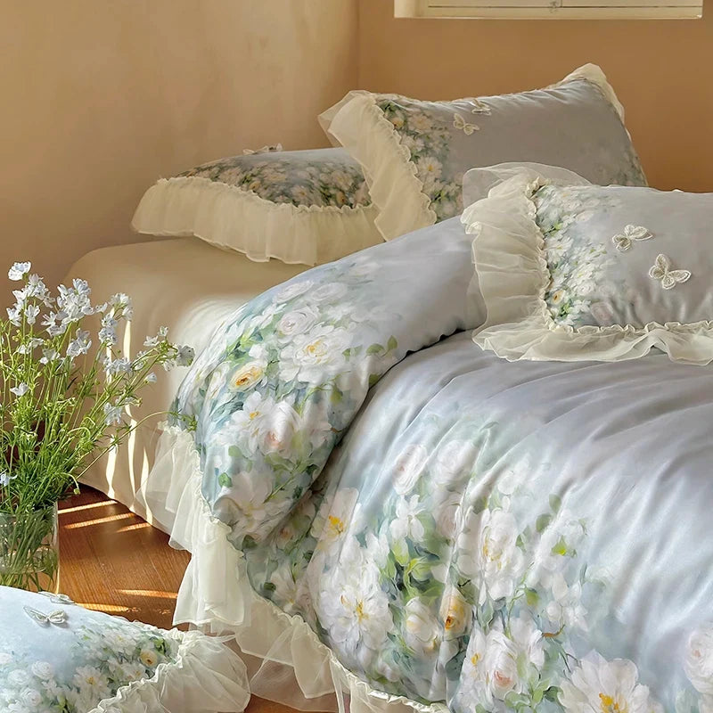 Flower Prints Ruffles Summer Cool Feeling Bedding Set