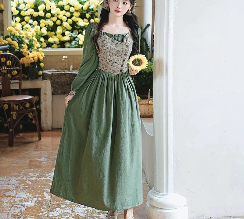 Sunflower Garden Cottagecore Dress with Headscarf