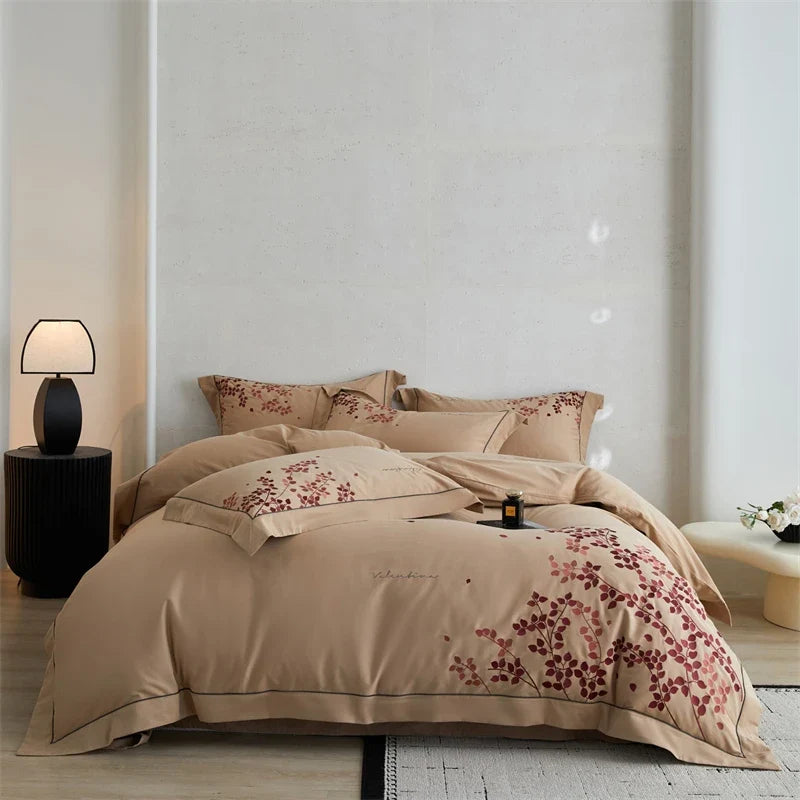 100% Cotton Brushed Autumn Winter Luxury Leaf Embroidery Bedding Set
