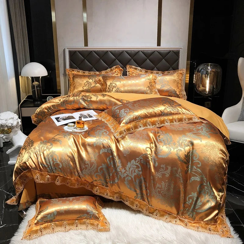 Luxury Euro Gold Satin Jacquard Lace Bedding Set