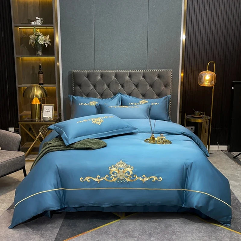 100% Cotton Golden Crown Embroidery Luxury Bedding Set