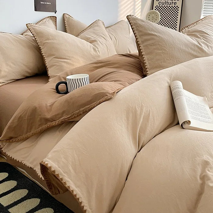3 Pcs Simple Solid Color Quilt Cover Set with Pillowcases Stitching Design King Queen Size Bedding Set