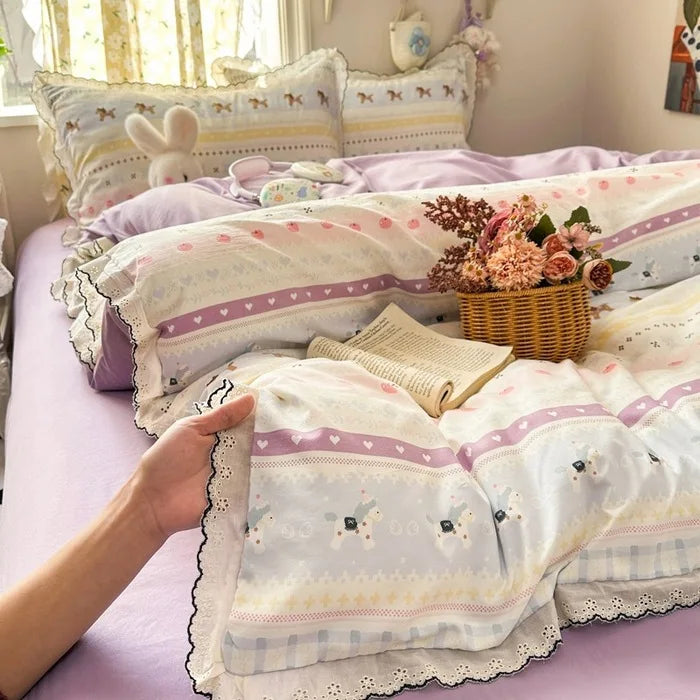 Korean Lace 4pcs Duvet Cover Set with Sheet and Pillowcases Floral Bedding Set