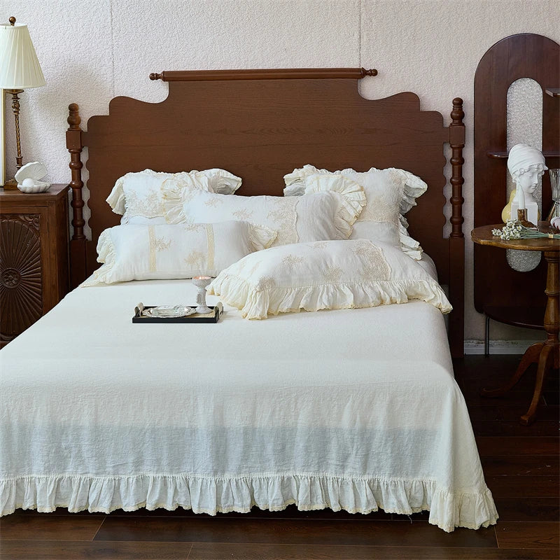 100% Pure Linen Vintage French Lace Ruffles Luxury Bedding Set