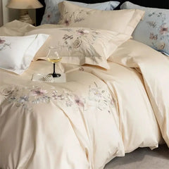 1000TC Egyptian Cotton Elegant Flowers Embroidery Luxury Bedding Set