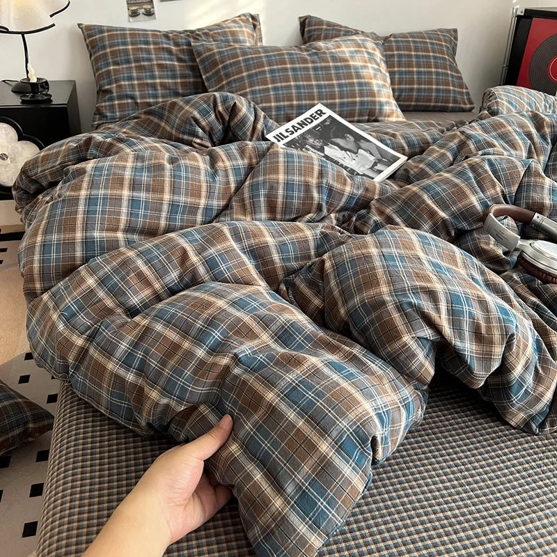 Korean Princess Plaid Duvet Cover Bed Sheet Pillowcases Set Bedding Set