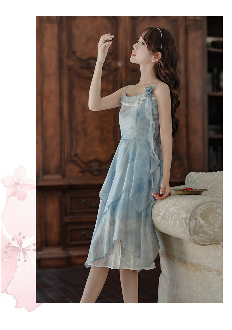 Blue Rose Layered Cottagecore Dress
