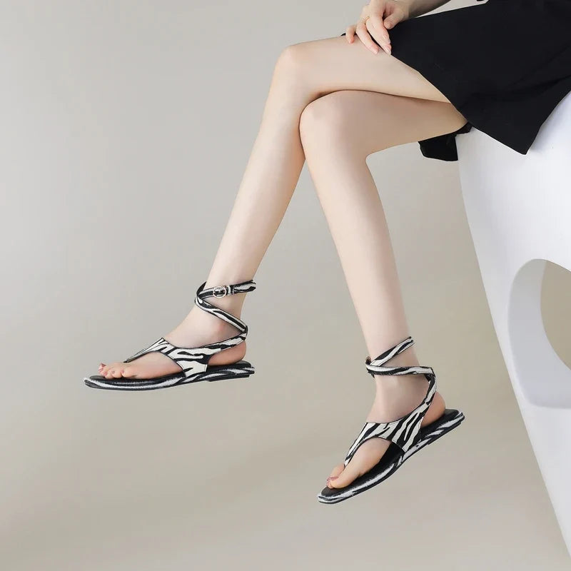 zebra print horsehair clip toe loose buckle flat bottom low Heel