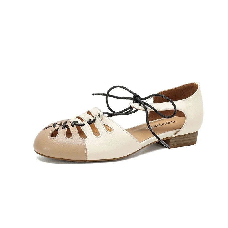 leather cowhide lace up low Heel