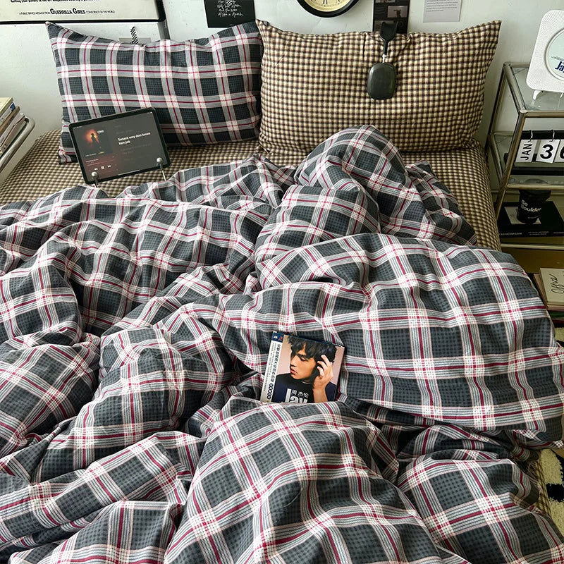 Vintage Plaid Cotton Duvet Cover Set Twin Full Queen Size Soft Bed Flat Sheet Bedding Set