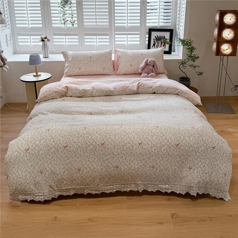 3/4Pcs Korean Princess Flower Print Lace Bedding Set